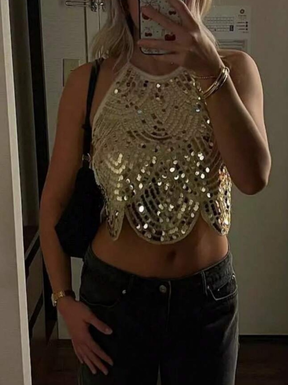 Gold Sequin Halter Crop Top - Women's Party Top - Picture 3 of 8